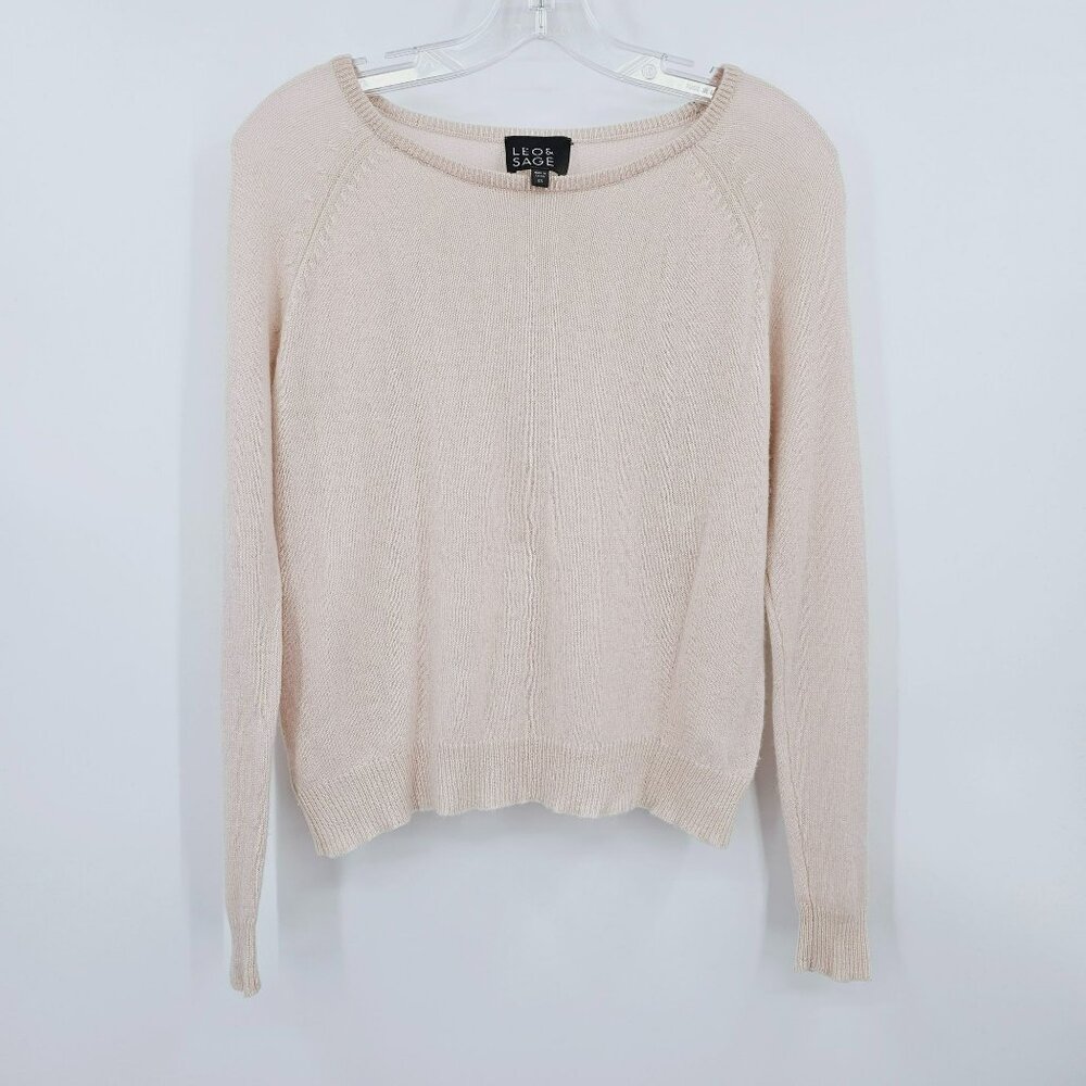 Leo & Sage Cashmere Sweater XS Cream Peach Long Raglan Sleeve Round Neck Ribbed
